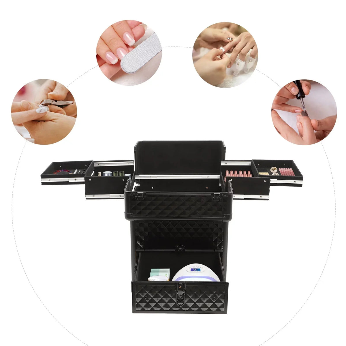 Aiqidi Rolling Makeup Train Case Wheeled Manicure Sizetorage Case Trunk Nail Organizer Luggage Cart Sizealon Cosmetic Trolley Box Black