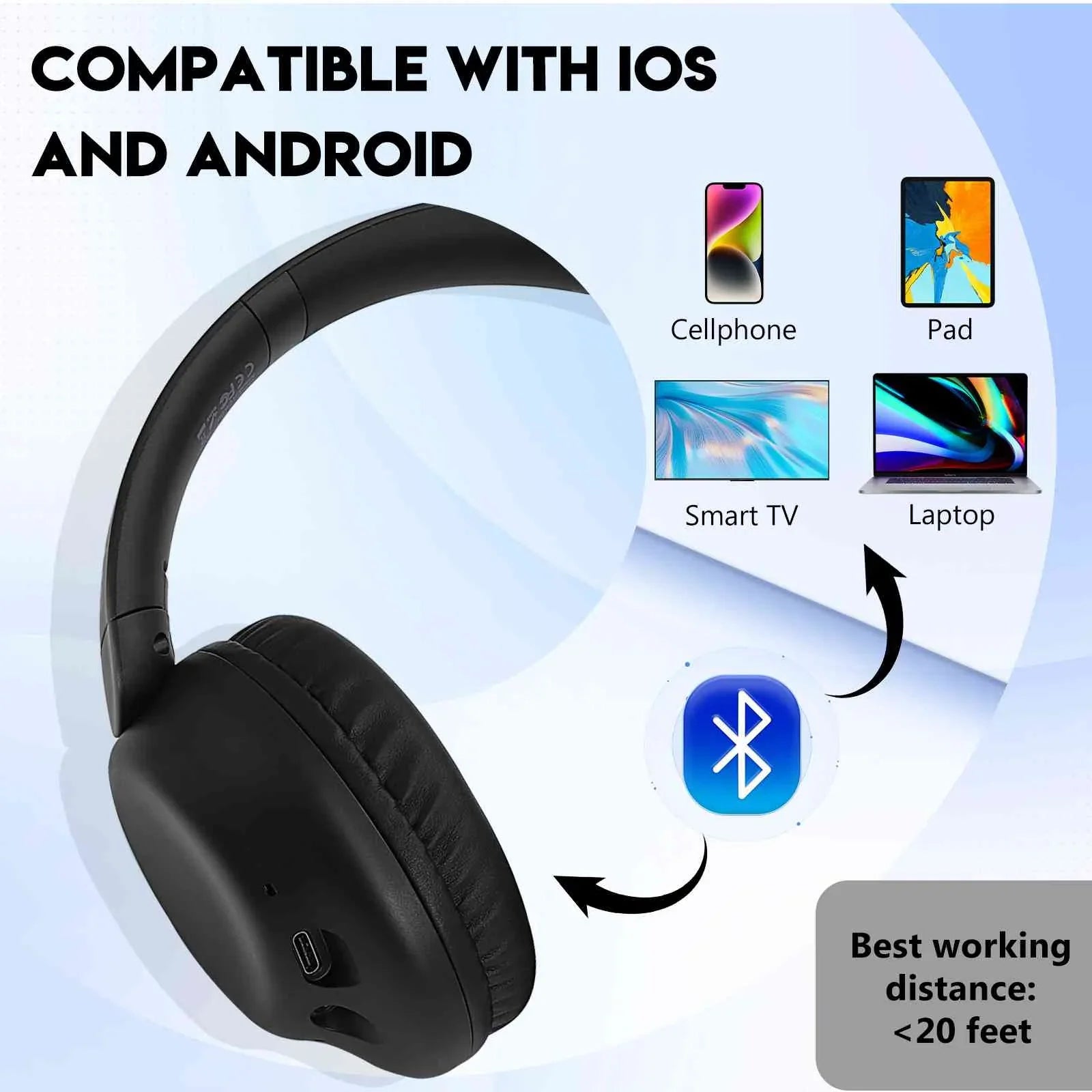 UrbanX Perfect Comfort 955 II Overhead Wireless Bluetooth Headphones For HTC Desire 12s Noise-Cancelling, with – Black