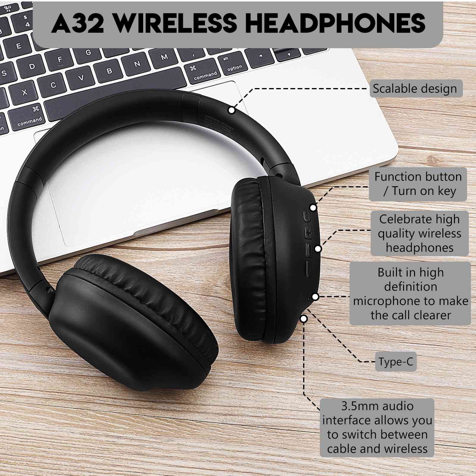 UrbanX Perfect Comfort 955 II Overhead Wireless Bluetooth Headphones For HTC Desire 12s Noise-Cancelling, with – Black