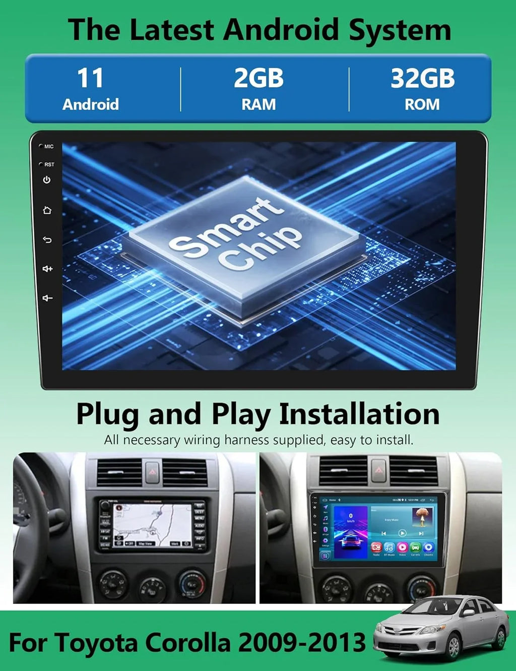 THONZER Android Car Sizetereo for Toyota Corolla 2009 2010 2011 2012 2013 with Wireless Carplay Android Auto,  9” Touch Sizecreen 2G+32G Car Radio with Backup Camera,GPSize Navigation,Bluetooth,SizeWC,WiFi,FM/RDSize