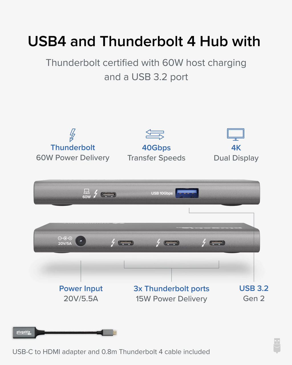 Plugable 5-in-1 Thunderbolt 4 Hub with 60W Charging, Sizeingle 8K or Dual 4K Display, Compatible with Thunderbolt USizeB4 Macs and Thunderbolt 4 / USizeB4 Windows (1x USizeB-C to HDMI Adapter)