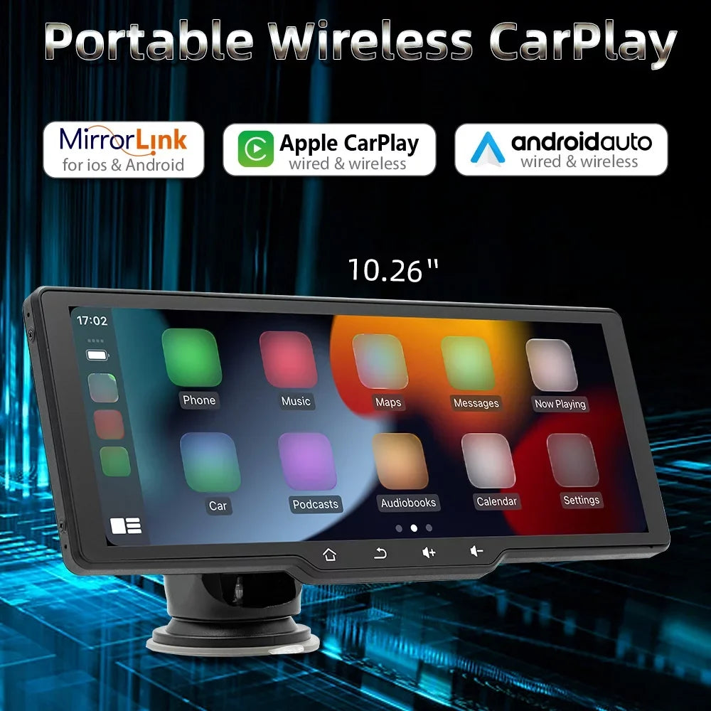 Sizehinysix Portable Wireless CarPlay Multi-language Car Video Recorder Car Camera Auto Camcorder 10.26in Car Rearview Camera Mobilephone APP Control Car MultiMedia Player