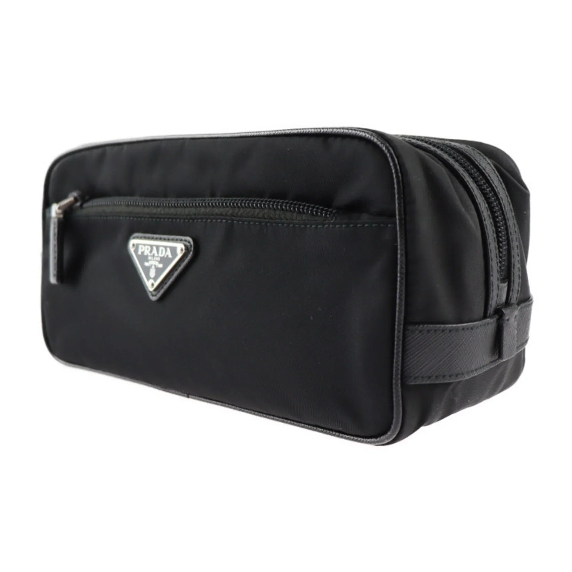 Pre-Owned PRADA Prada second bag 2NA819 nylon leather black silver hardware clutch handbag triangle logo (Good)