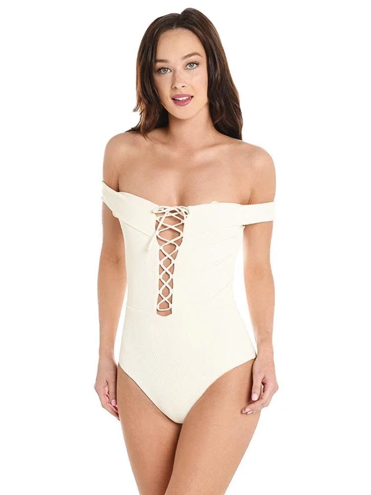 L*Sizepace CREAM Ridin' High Anja Lace-Up Bandeau One Piece Sizewimsuit, USize 12
