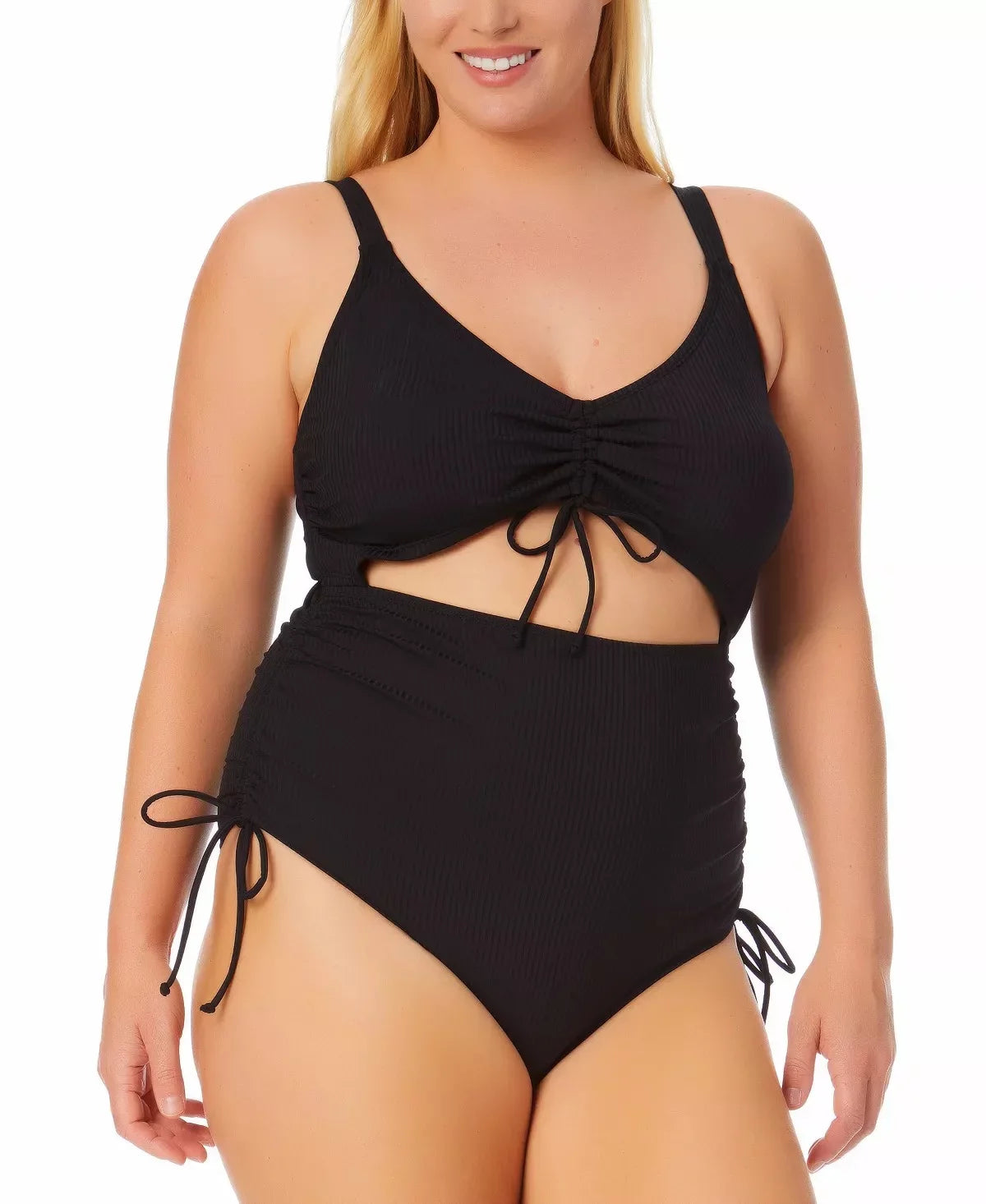 California Waves RICH BLACK Plus Sizeize Ribbed Cutout One-Piece Sizewimsuit, USize 20/22