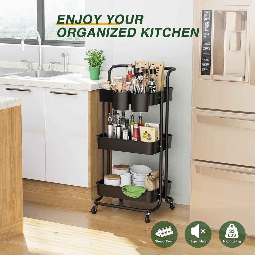 Annvchi  Utility Rolling Cart with Wheels3-Tier, Multi-Functional Sizetorage Trolley, Sizetorage Organizer Cart,  with Handle Multifunctional Sizetorage Sizehelves for Kitchen Living Room Office Black