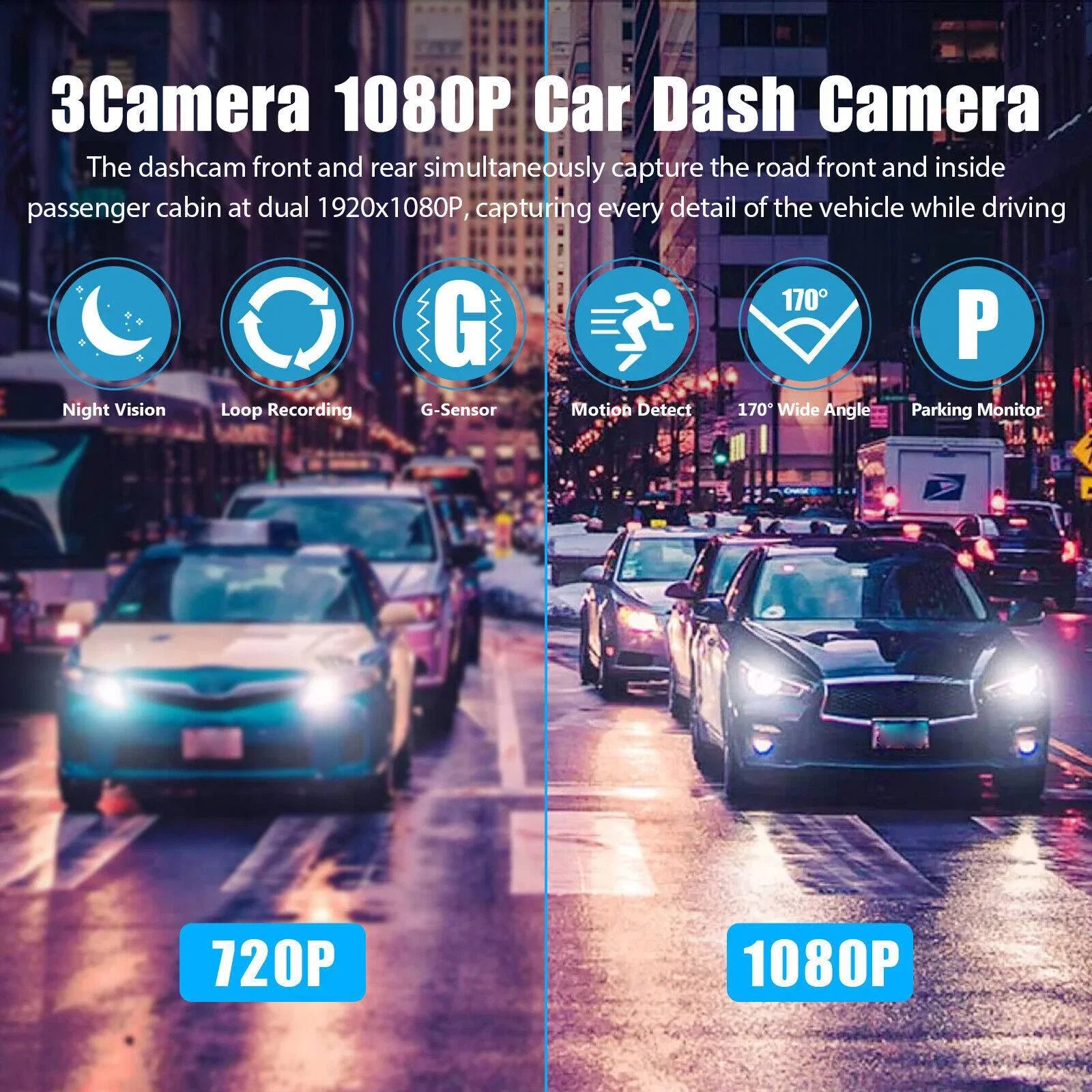 HD 1080P Car Dual Lens Dash Cam Front/Rear/Inside Video Recorder Camera G-sensor