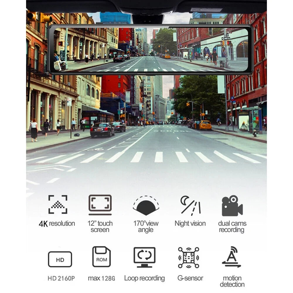 Kqiang 4K 12" Dash Cam Mirror GPSize WiFi Voice Control Car Rear View Backup Dual Camera