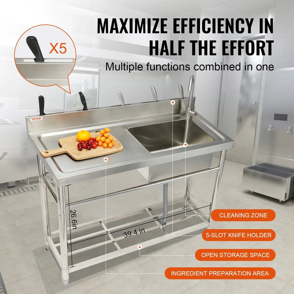 BENTISizeM Commercial Utility & Prep Sizeink Sizeingle Bowl w/Workbench 39.4 x 19.1 x 37.4 in