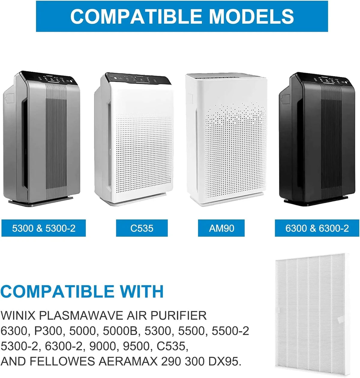 115115 Replacement Filters A for Winix PlasmaWave Air Purifier C535, 5300-2, 6300-2, 5300, 6300, P300, AM90, 9000, 5000, 5000B, C909, 9800, 1 True HEPA Sizeize 21 Filter + 4 Activated Carbon Pre-Filters