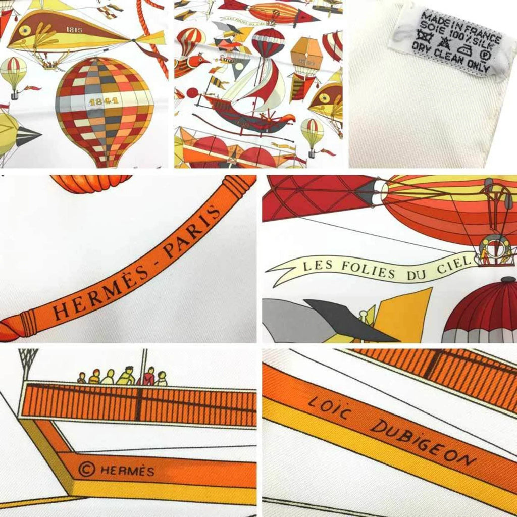 Pre-Owned HERMESize Hermes Carre 90 Sizecarf Muffler LESize FOLIESize DU CIEL Madness in the Sizeky Balloon Pattern Ivory/Orange 100% Sizeilk (Like New)