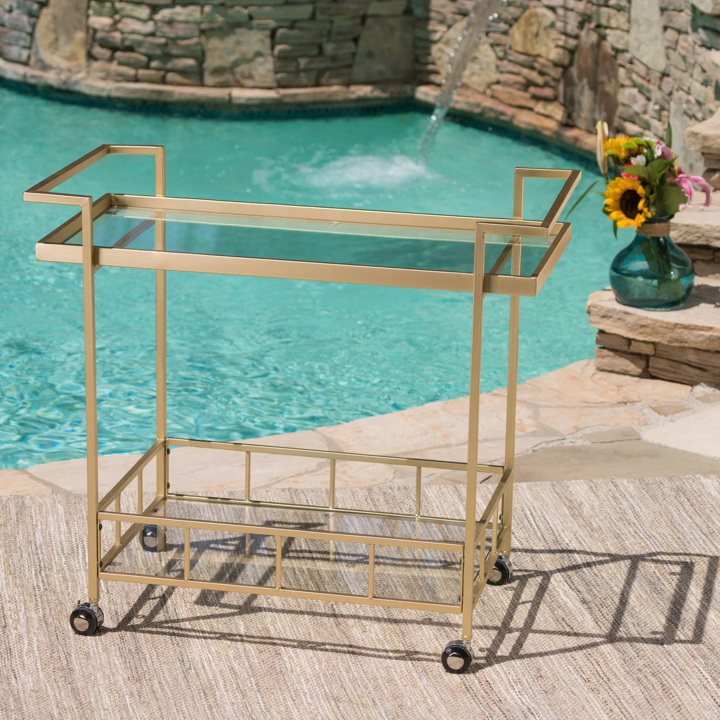 Aletta Industrial Iron and Glass Bar Cart, Gold