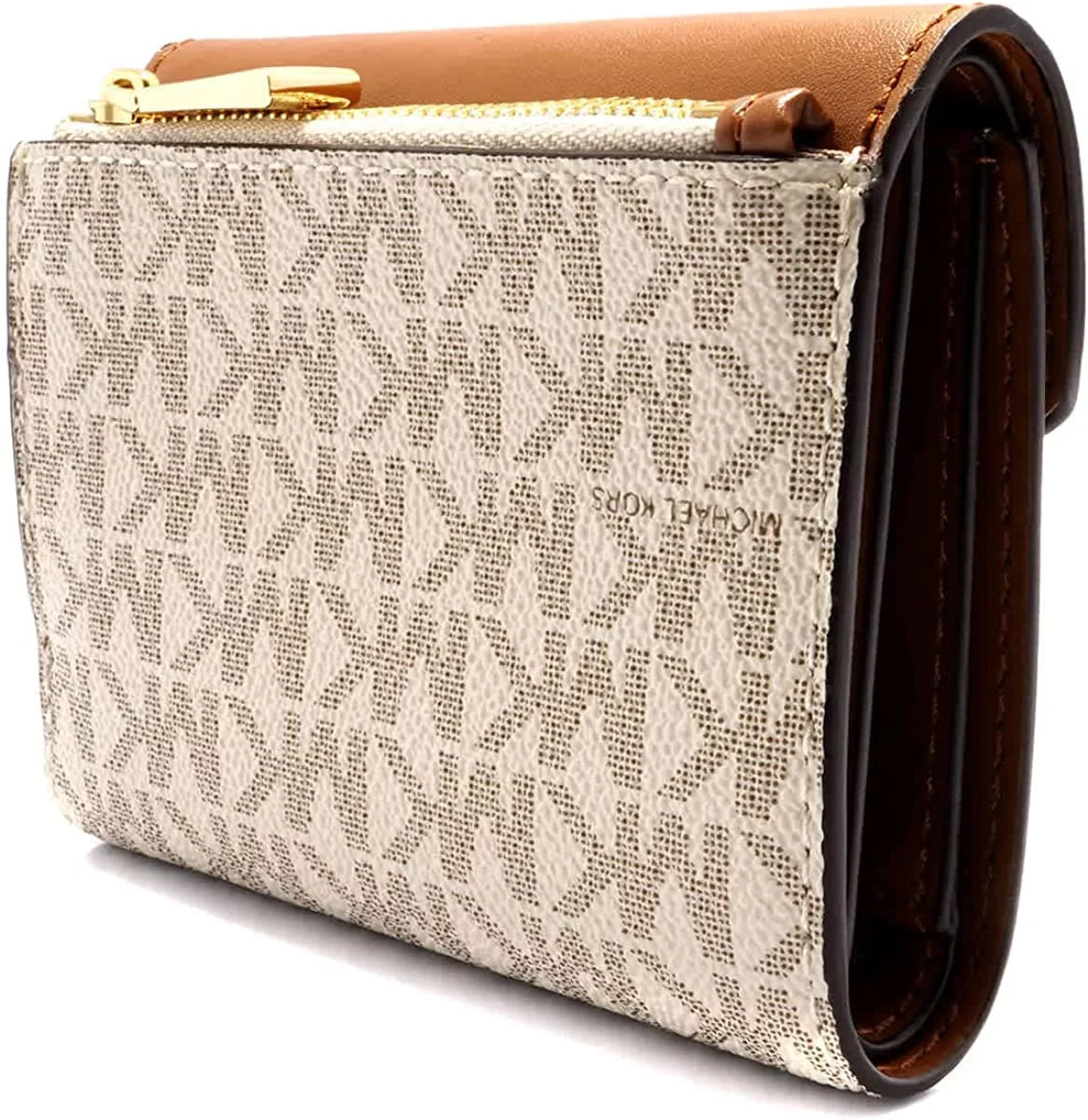 Michael Kors Ladies Sizeignature Logo Carmen Medium Envelope Tri-Fold Wallet - Vanilla/Acorn
