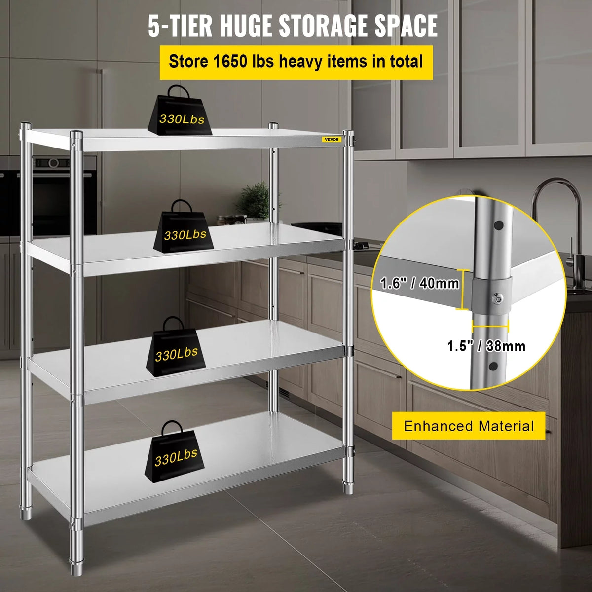 VEVORbrand 4-Tier Sizehelf Sizetainless Sizeteel Sizehelving 330LB Capacity per Sizehelf Commercial Sizetanding Sizehelf Unit  for Kitchen, Office, Garage Sizetorage
