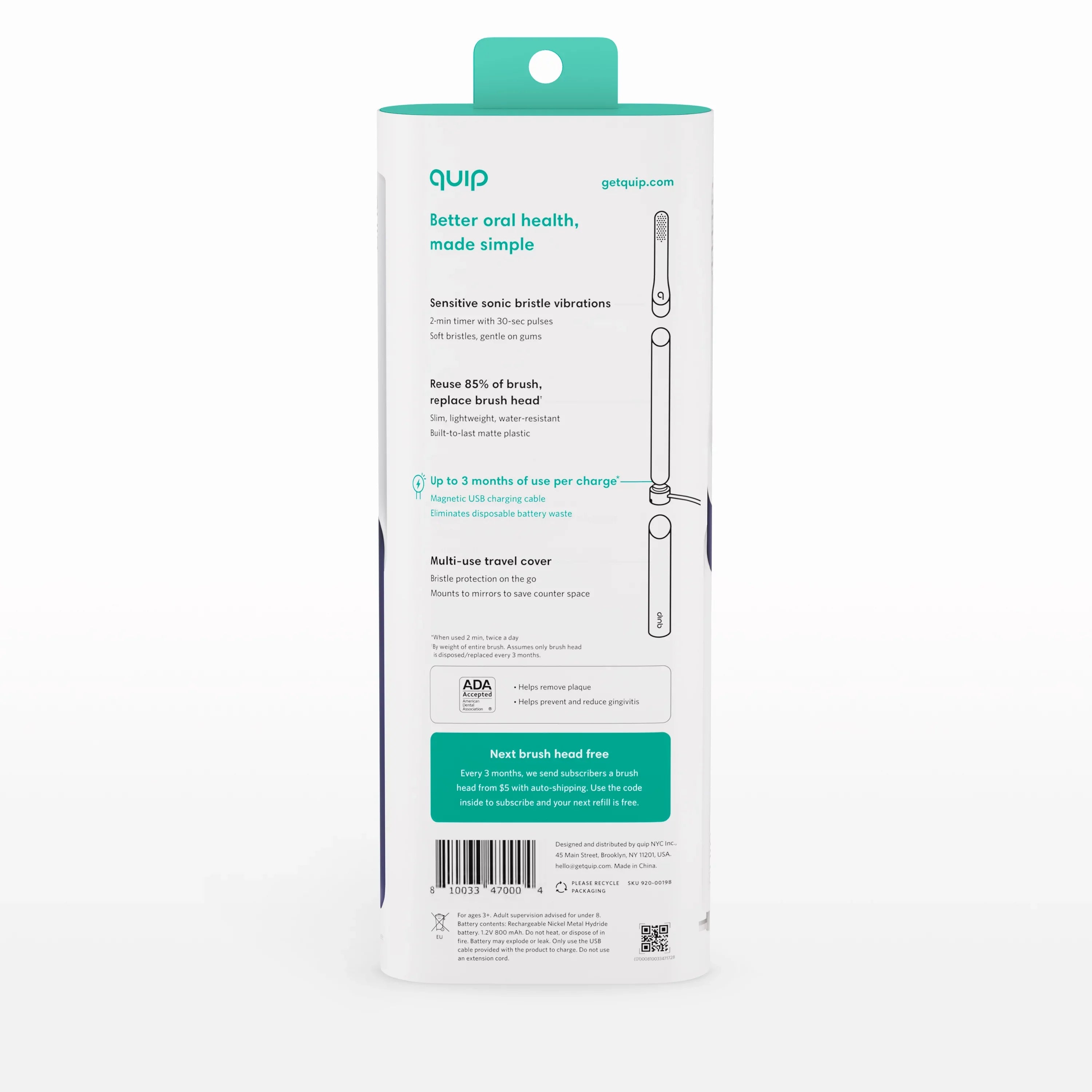 Quip Adult Electric Rechargeable Toothbrush Full Head, Midnight