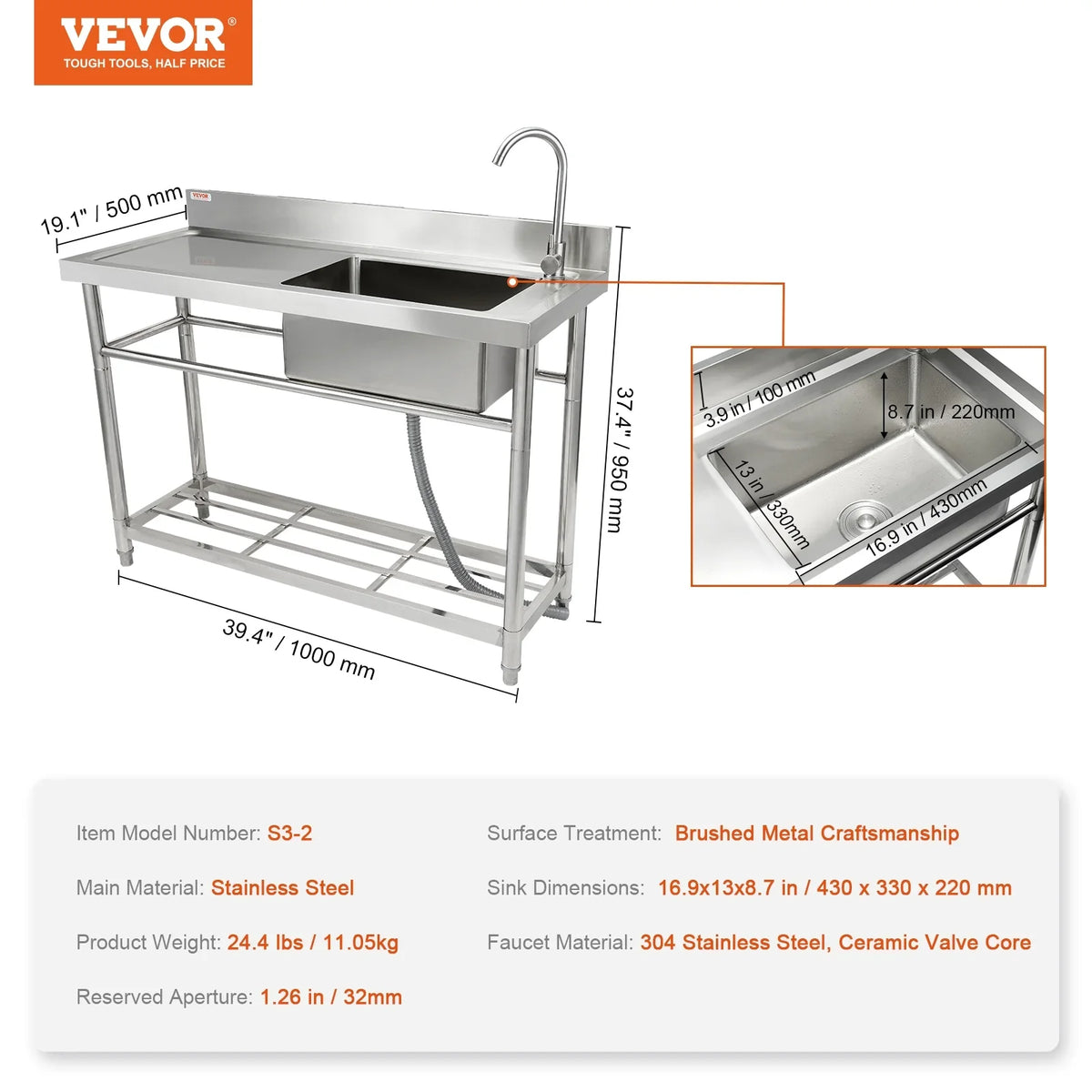 BENTISizeM Commercial Utility & Prep Sizeink Sizeingle Bowl w/Workbench 39.4 x 19.1 x 37.4 in