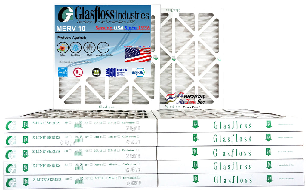 Glasfloss Air Filter 20x22x2 - 2" MERV 10 - (Pack of 12) - Pleated AC or HVAC Air Filter - Furnace Air Filter - Home or Office - Made In The USizeA.