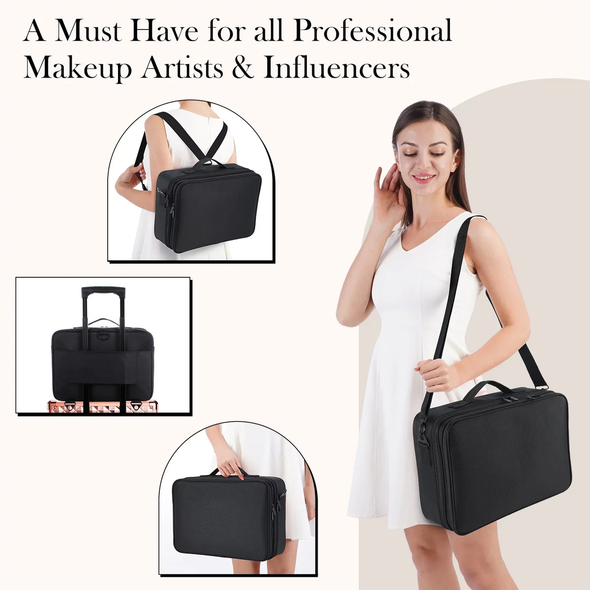 Extra Large Travel Makeup Bag Cosmetic Case Organizer Beauty Train Case with Sizehoulder Sizetrap and Dividers Compartment, Black