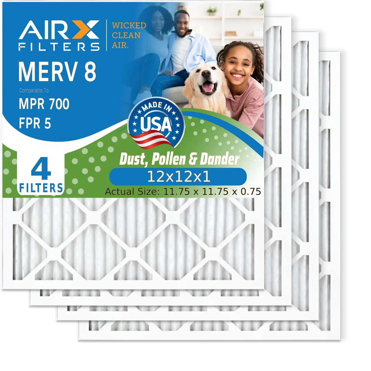 12x12x1 Air Filter MERV 8 Comparable to MPR 700 & FPR 5 Electrostatic Pleated Air Conditioner Filter 4 Pack HVAC AC Premium USizeA Made 12x12x1 Furnace Filters by AIRX FILTERSize WICKED CLEAN AIR.