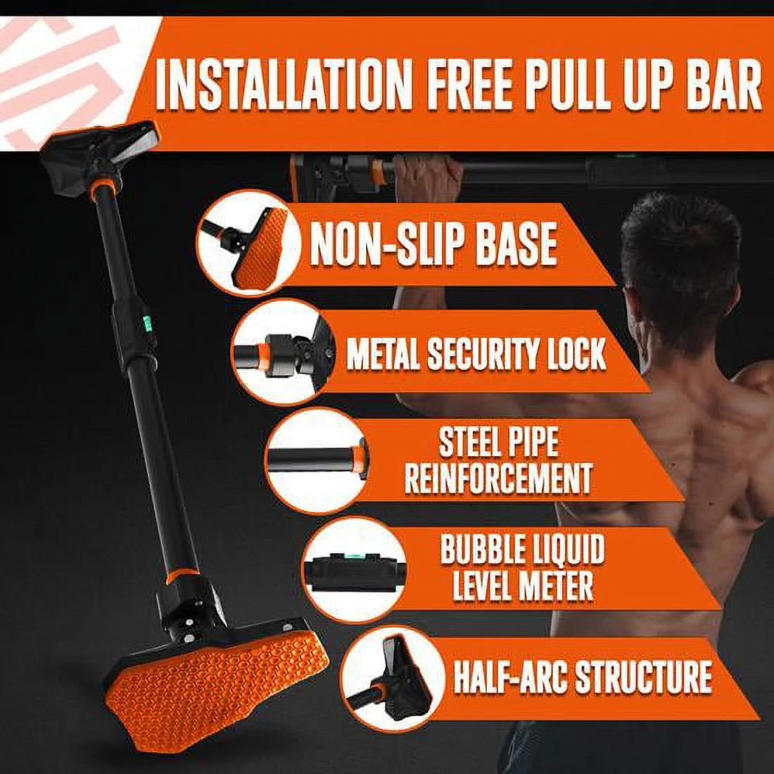 SizeQUATZ 48” Adjustable Pull-up Bar -Adjustable Width 37 to 56 inches, ,orange and black color