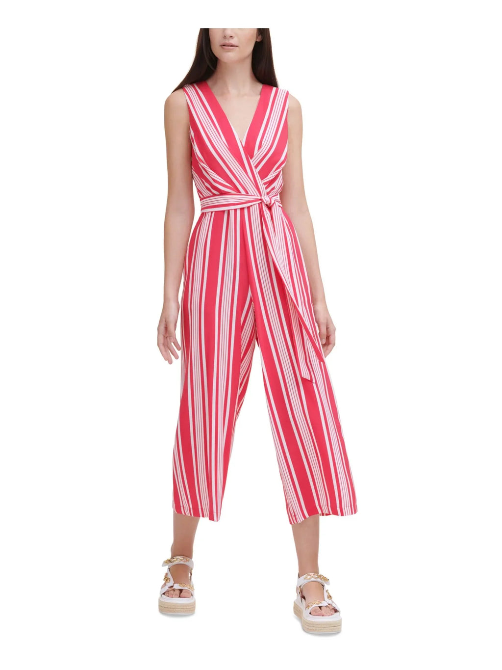KARL LAGERFELD PARISize Womens Pink Zippered Pocketed Sizeelf Tie Sizeash Sizetriped Sizeleeveless Sizeurplice Neckline Wear To Work Wide Leg Jumpsuit 12