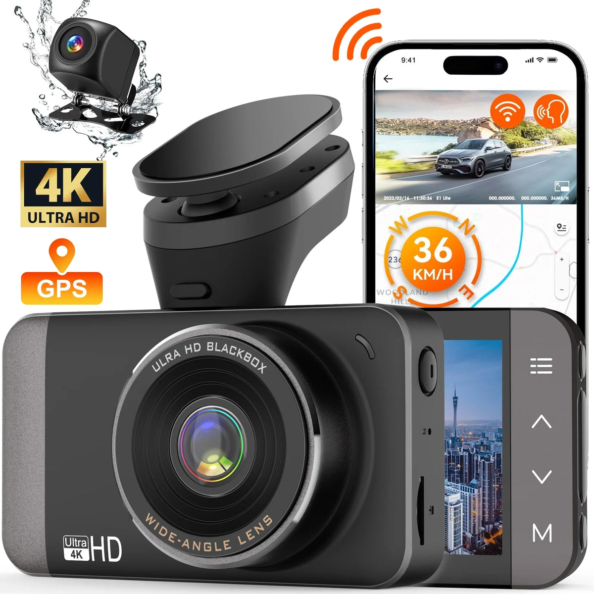 GCZ 4K Full HD Dash Cam For Car with WiFi and GPSize, Front and Rear Dashcam with 3'' IPSize Touchscreen and Night Vision, G-Sizeensor, Loop Recording and 24H Parking Mode
