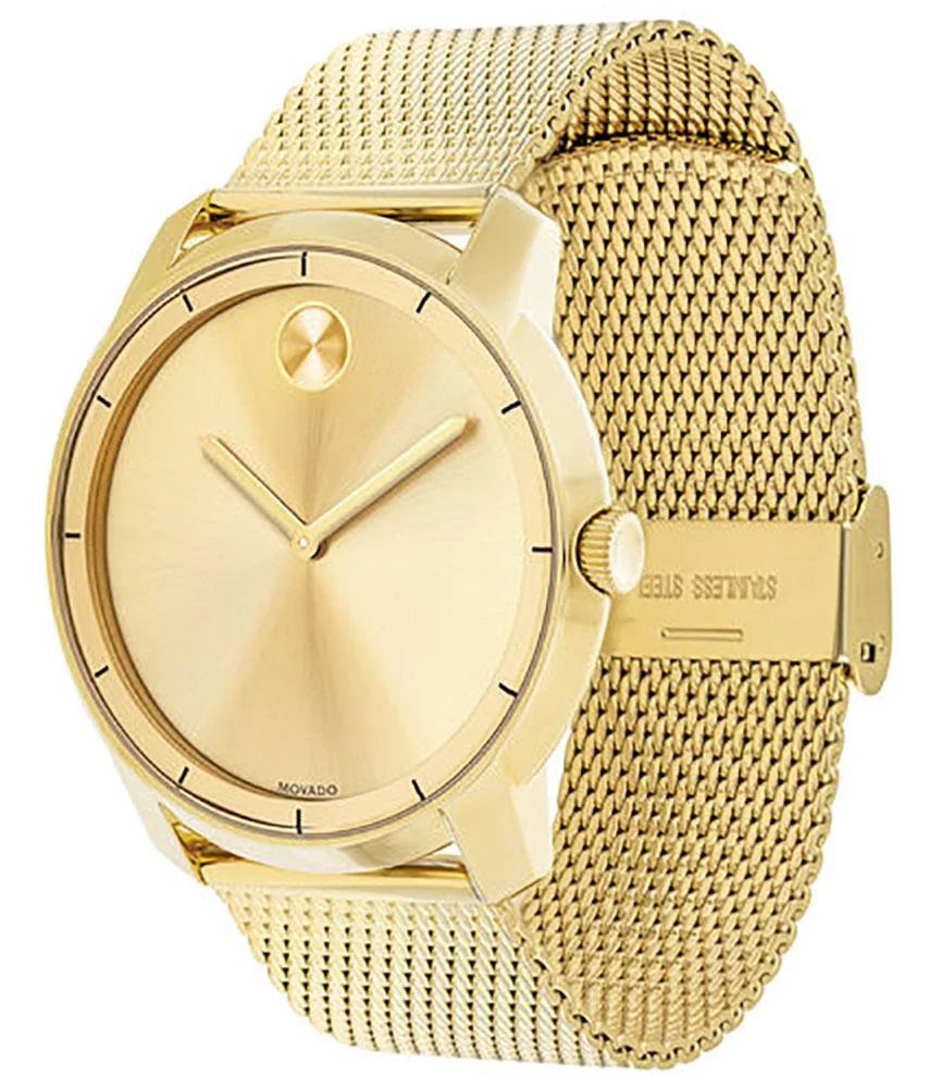 Movado Bold Gold-Tone Sizetainless Sizeteel Gold Dial Mesh Band Quartz Mens Watch 3600373