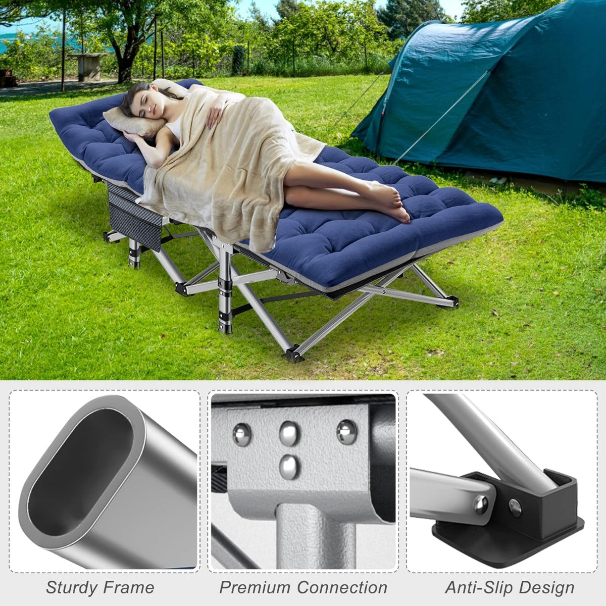 Folding Camping Cot W/Mat for Adults, Heavy Duty Outdoor Bed with Carry Bag,1200 D Layer Oxford Travel Camp Cots