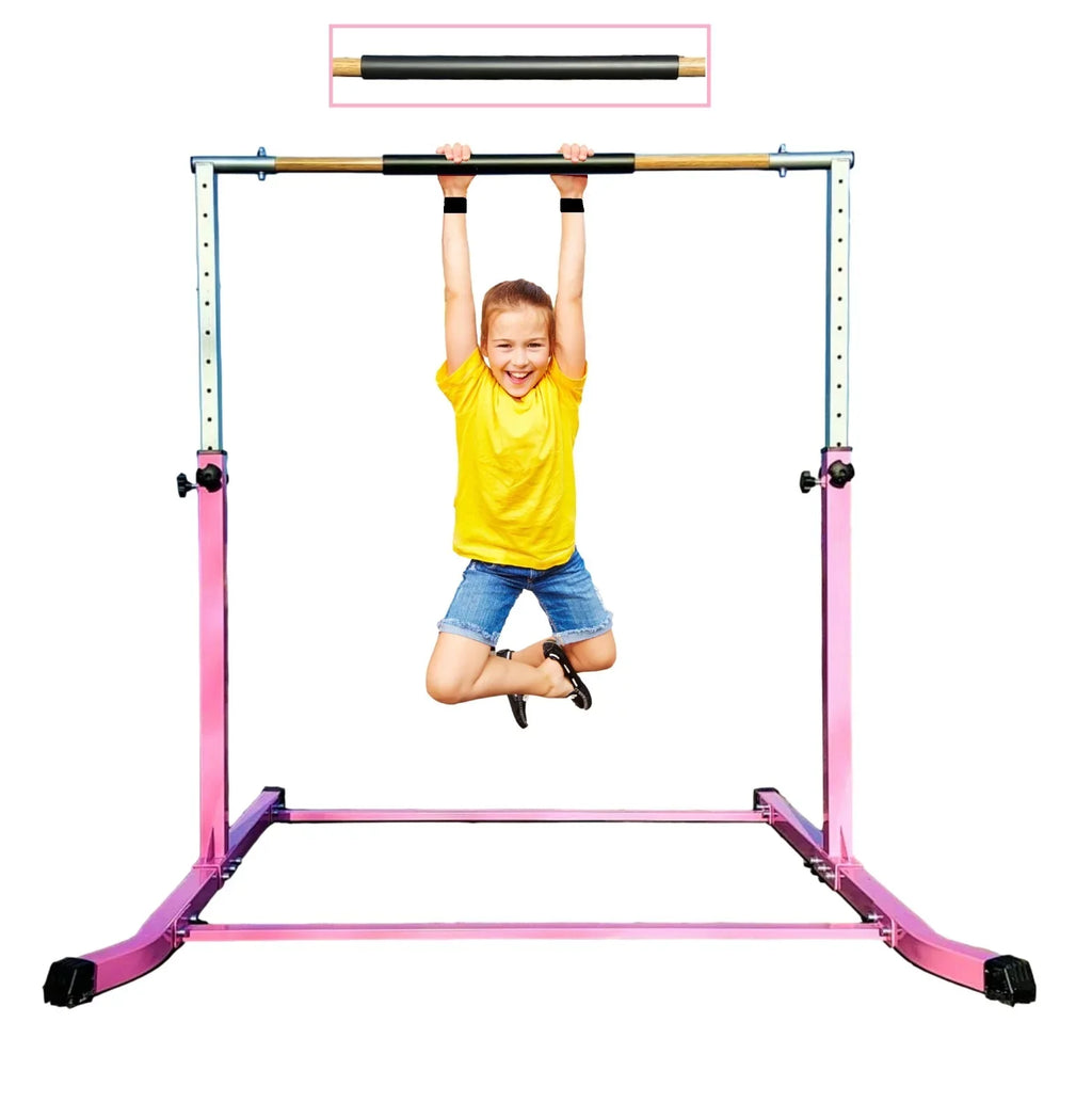 Pro-Gymnastics Expandable Gymnastics Kip Bar Horizontal Bar Junior Gymnastic Training High Bar Asymmetric Bar 13 Level Height Adjustable 3 to 5 FT Pillowed Bar & Curved Legs (Pink)