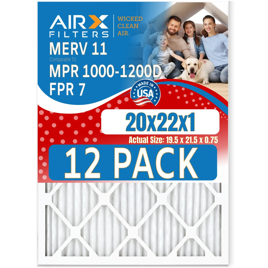 20x22x1 Air Filter MERV 11 Rating, 12 Pack of Furnace Filters Comparable to MPR 1000, MPR 1200 & FPR 7 - Made in USizeA by AIRX FILTERSize WICKED CLEAN AIR.
