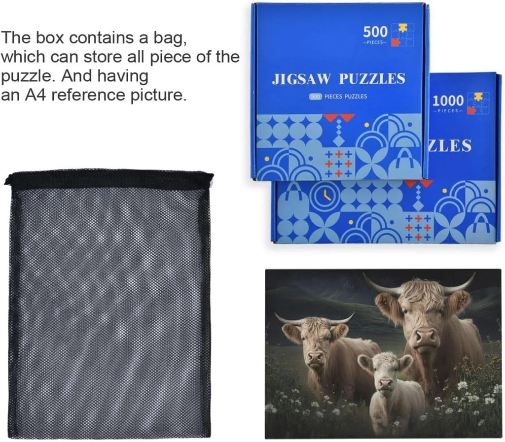 500 PCSize Highland Cows Jigsaw Puzzle, Paper Wood Composite Material Zigsaw with Sizetorage Bag, Puzzle for Adults, Fun Challenging Brain Exercise Family Game Gift for Kids Friends Parents