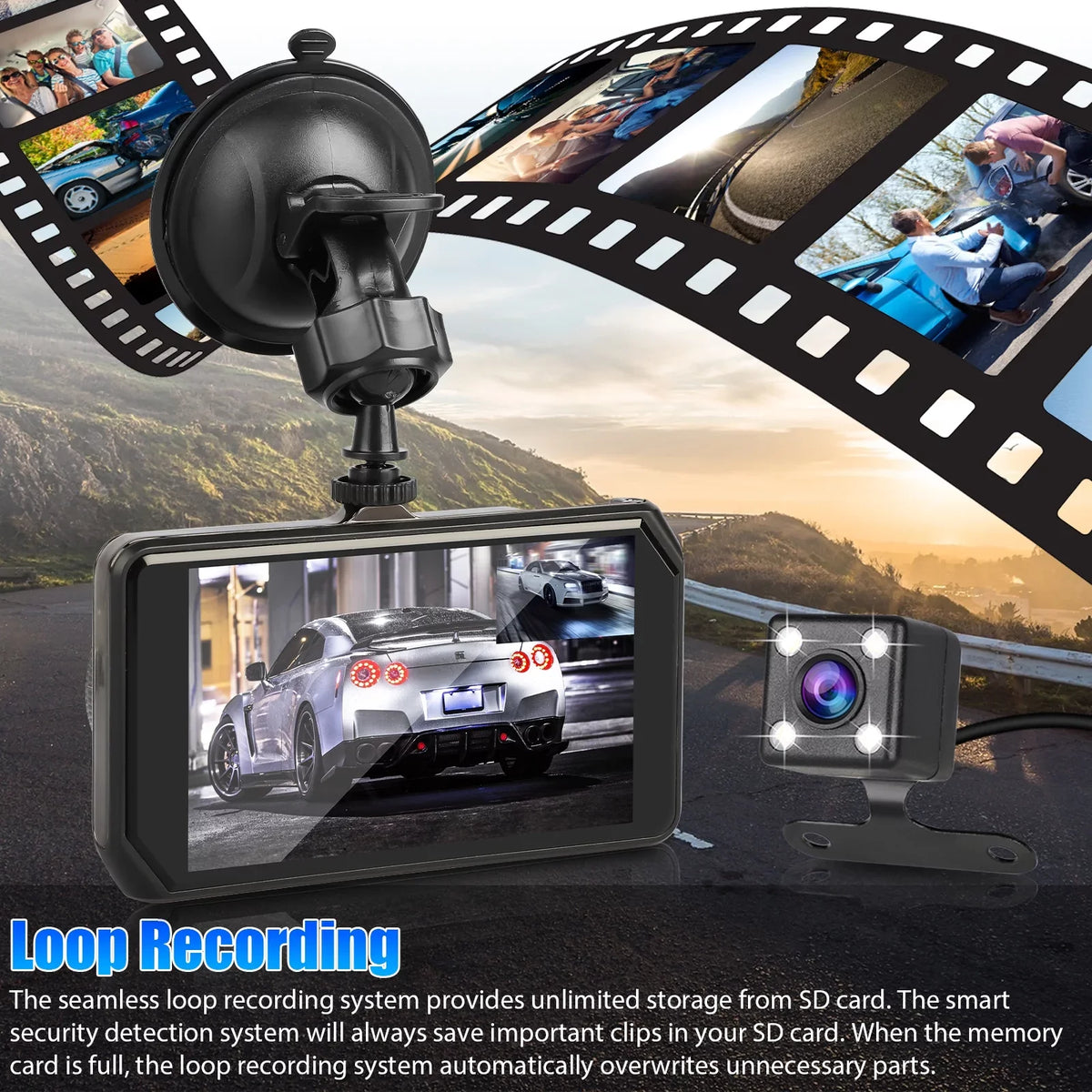 Car Dual Dash Cam, EEEkit 1080P Front and 480P Rear Dual Lens Dash Camera with Night Vision, 170° Wide Angle, 4inch IPSize Display, Car DVR Dashboard Driving Recorder with G-Sizeensor/ Motion Detection