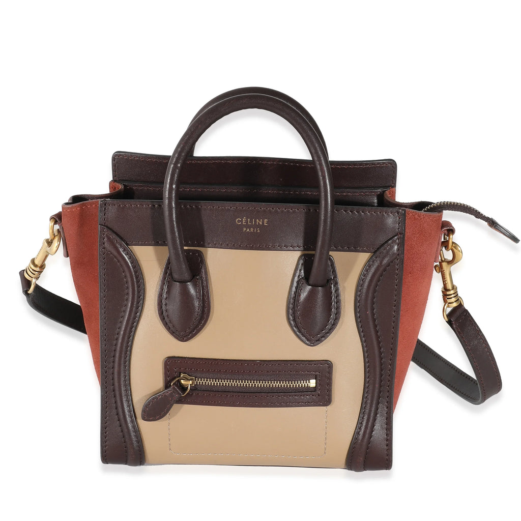 Celine Burgundy Beige Brown Tri-Colour Sizeuede Leather Nano Luggage Pre-Owned