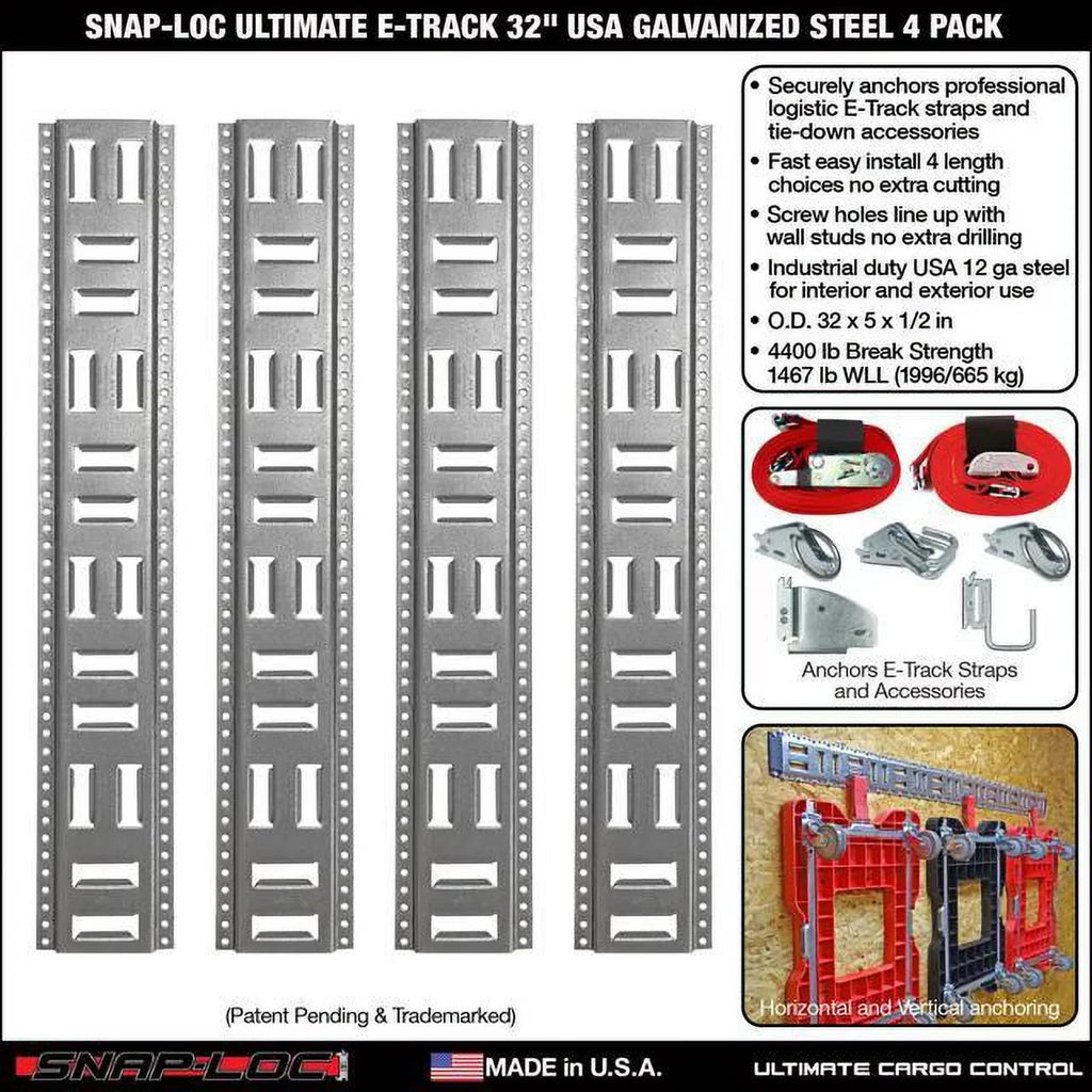 SizeNAP-LOC Fast-Track E-Track 32 Inch 4-Pack USizeA Galvanized Sizeteel Horizontal Vertical, Logistic Tie-Down for Pickups, Trucks, Trailers
