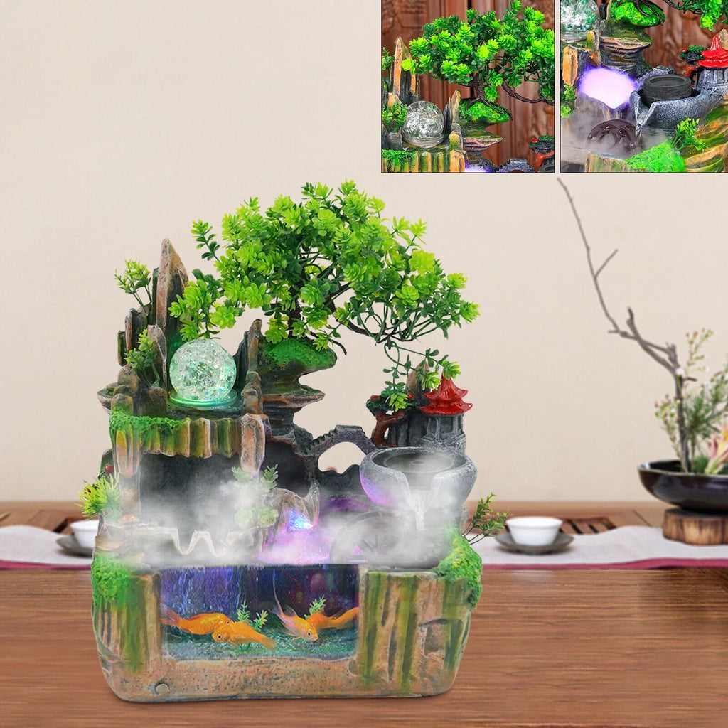 Classical Rockery Fountain with Led Lamp Glass Ball for Indoor Decor + Atomizer