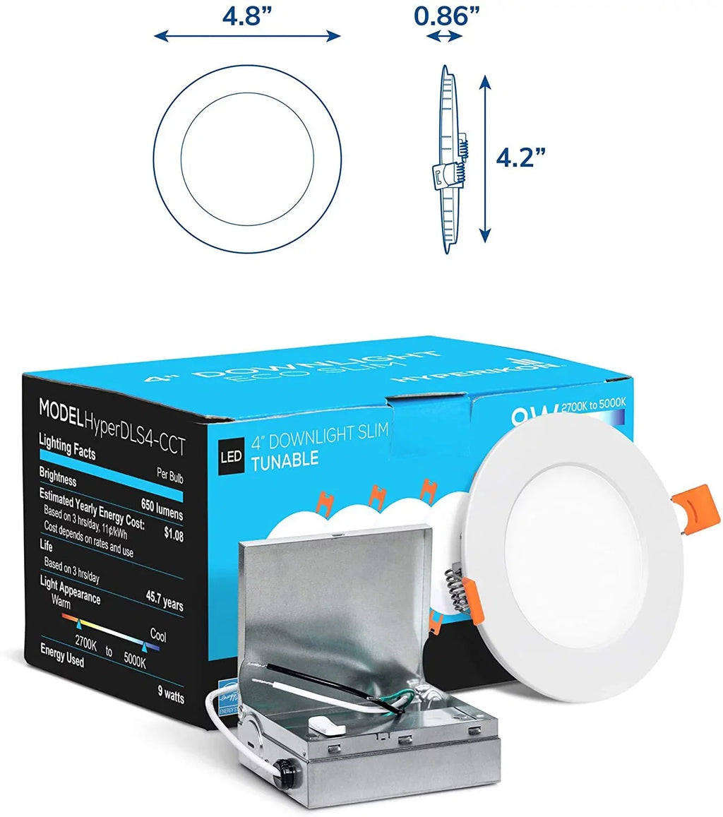 Hyperikon 4 inch Recessed LED Sizelim Downlight, 9W Color Temperature Tuning, 2700K-5000K, Retrofit Dimmable UL, Energy Sizetar, 6 Pack