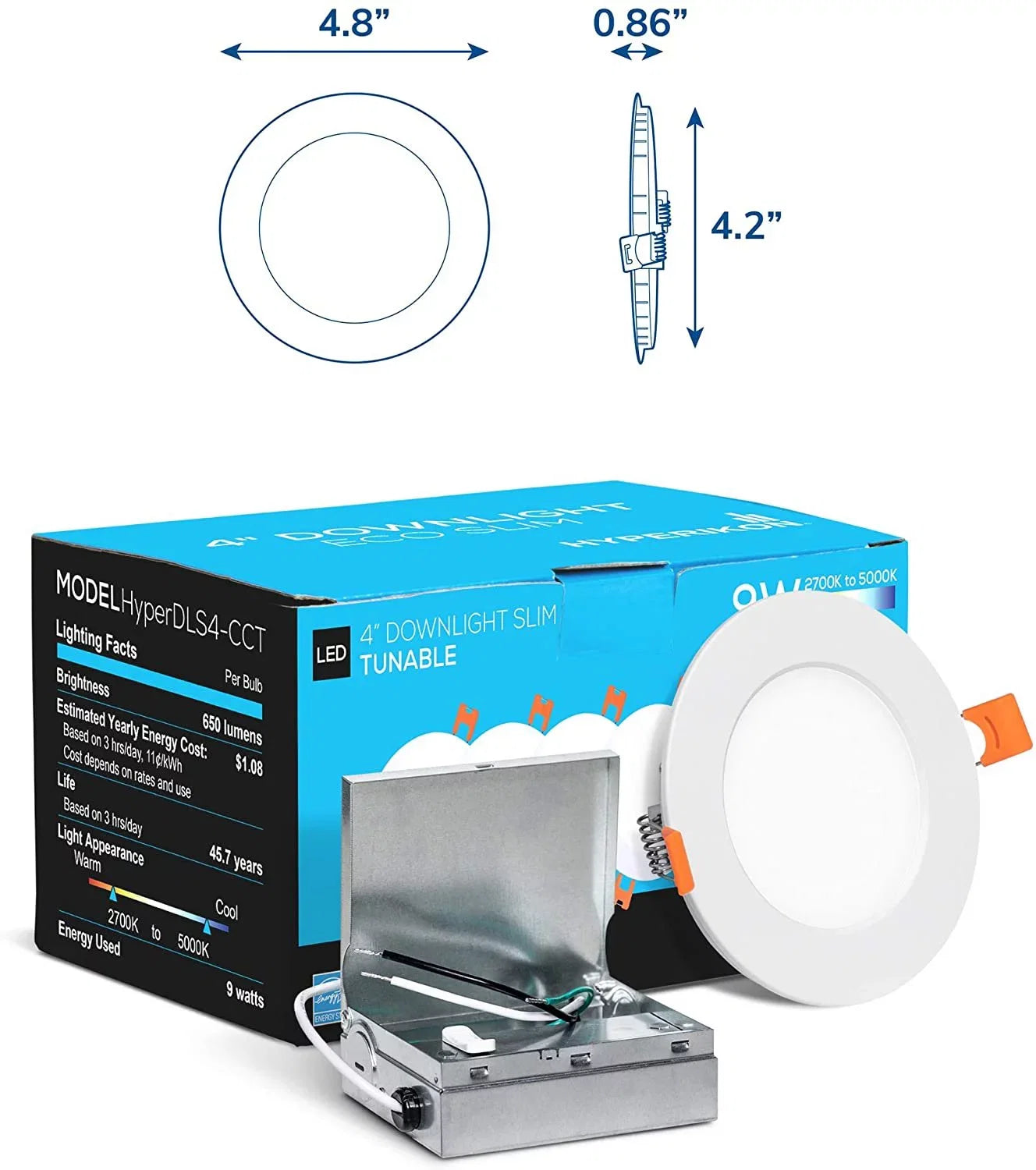 Hyperikon 4 inch Recessed LED Sizelim Downlight, 9W Color Temperature Tuning, 2700K-5000K, Retrofit Dimmable UL, Energy Sizetar, 6 Pack
