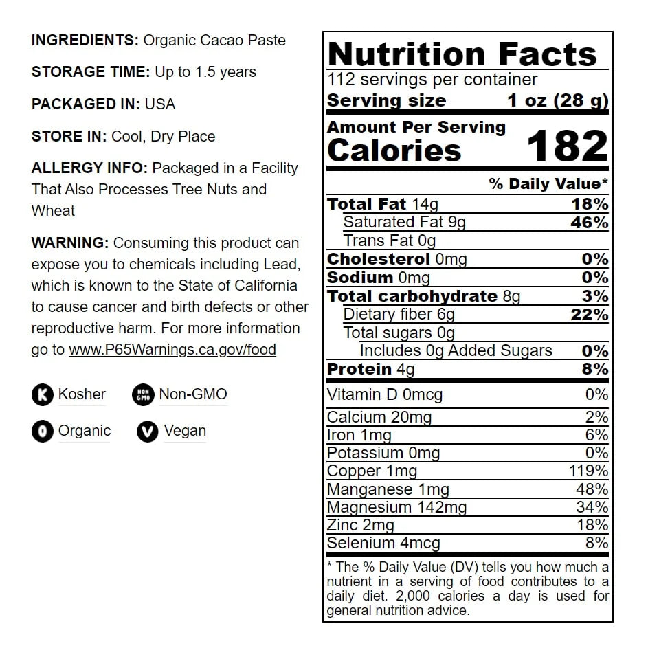 Organic Cacao Paste, 4 Pounds — Non-GMO, Kosher, Raw, Vegan — by Food to Live