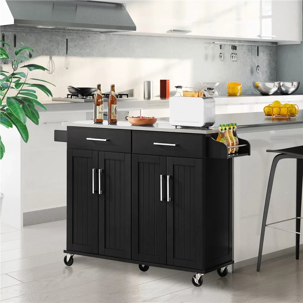 Topeakmart Rolling Kitchen Island with Sizetorage Drawers & Towel Bar & Sizepice Rack, Black