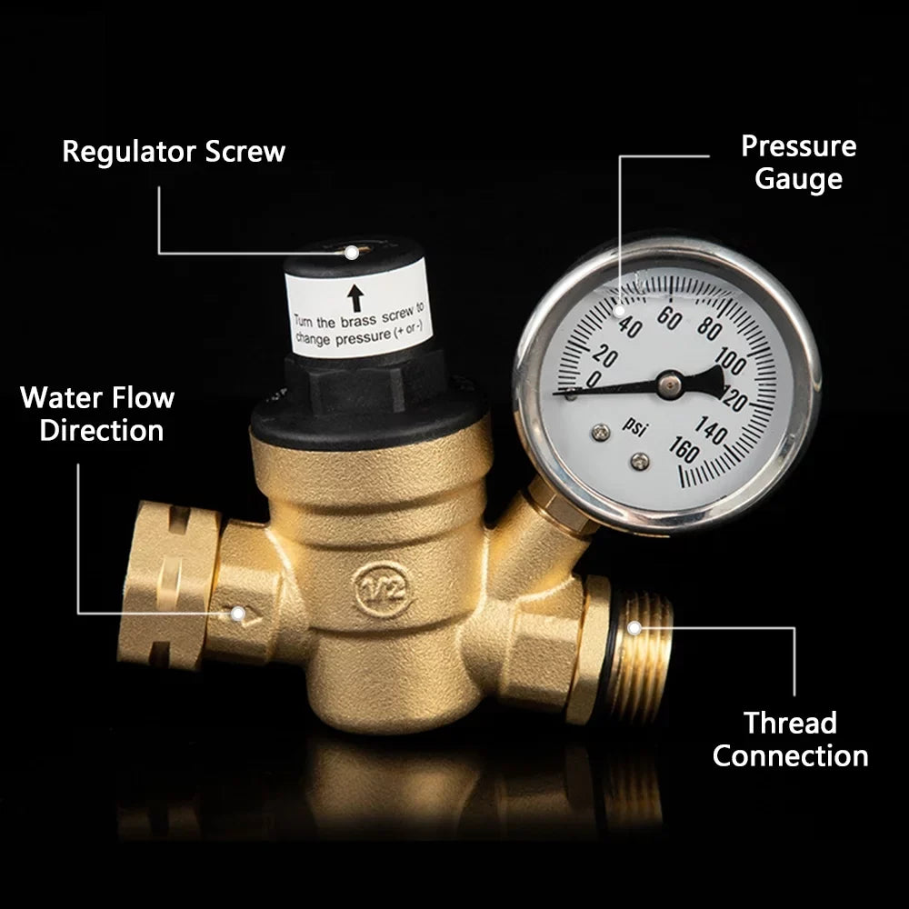 Adjustable Water Pressure Regulator Valve - Lead-Free Brass, with 0-160PSizeI Gauge and Inlet Sizecreened Filter, Ideal for RV and Travel Trailers