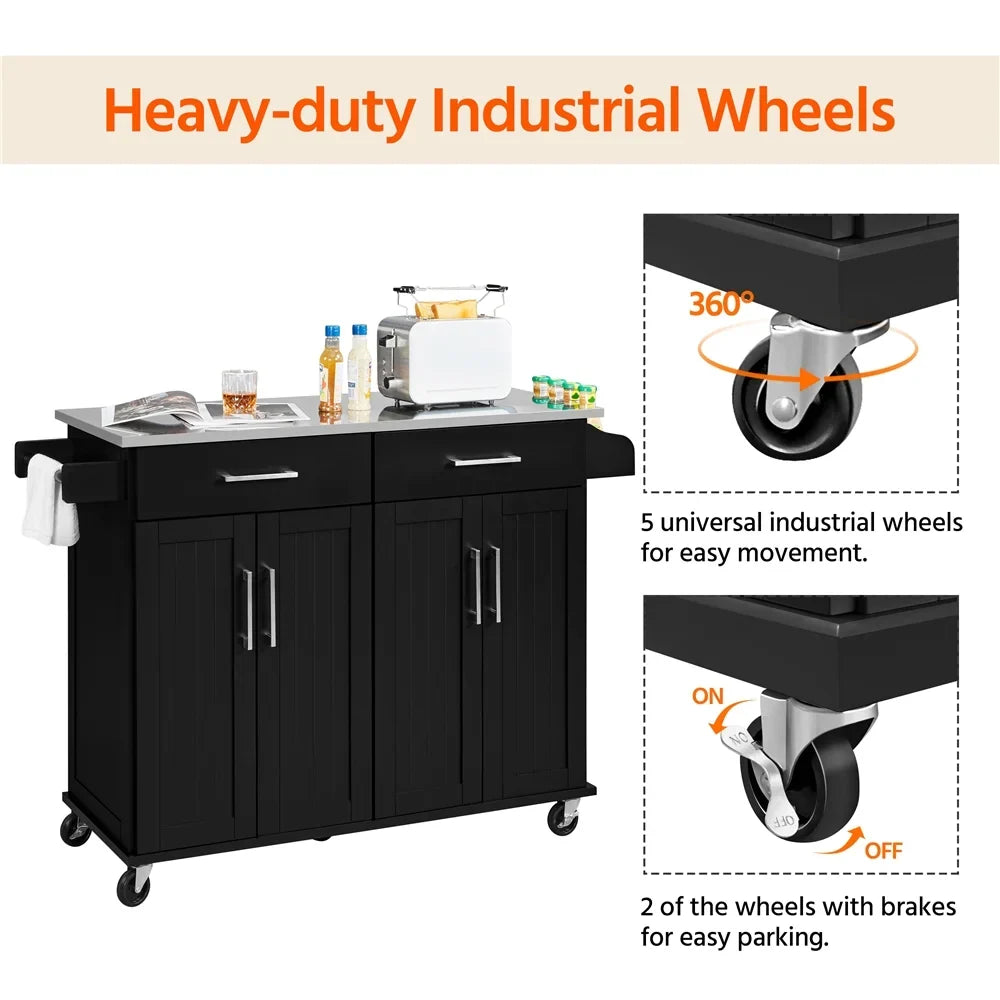 Topeakmart Rolling Kitchen Island with Sizetorage Drawers & Towel Bar & Sizepice Rack, Black