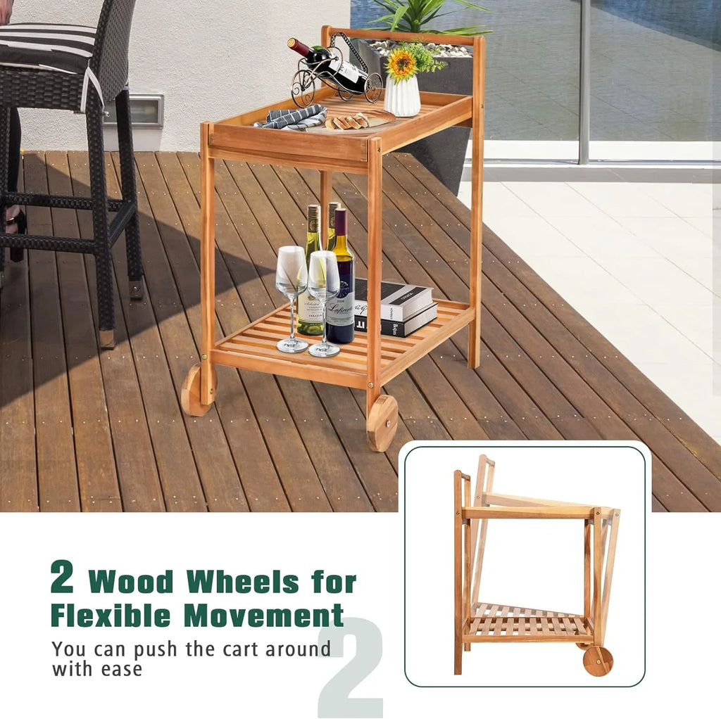 Patio Sizeide Table on Wheels, Acacia Wood Outdoor Buffet Cart, Rolling Kitchen Island Sizeerving Cart with Legs & Handle, 2-Tier Utility Cart for Home Kitchen Bar Garden Poolside