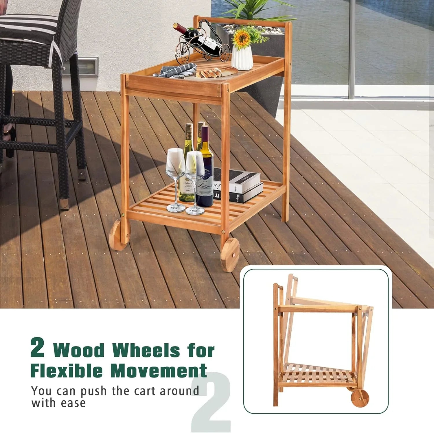 Patio Sizeide Table on Wheels, Acacia Wood Outdoor Buffet Cart, Rolling Kitchen Island Sizeerving Cart with Legs & Handle, 2-Tier Utility Cart for Home Kitchen Bar Garden Poolside