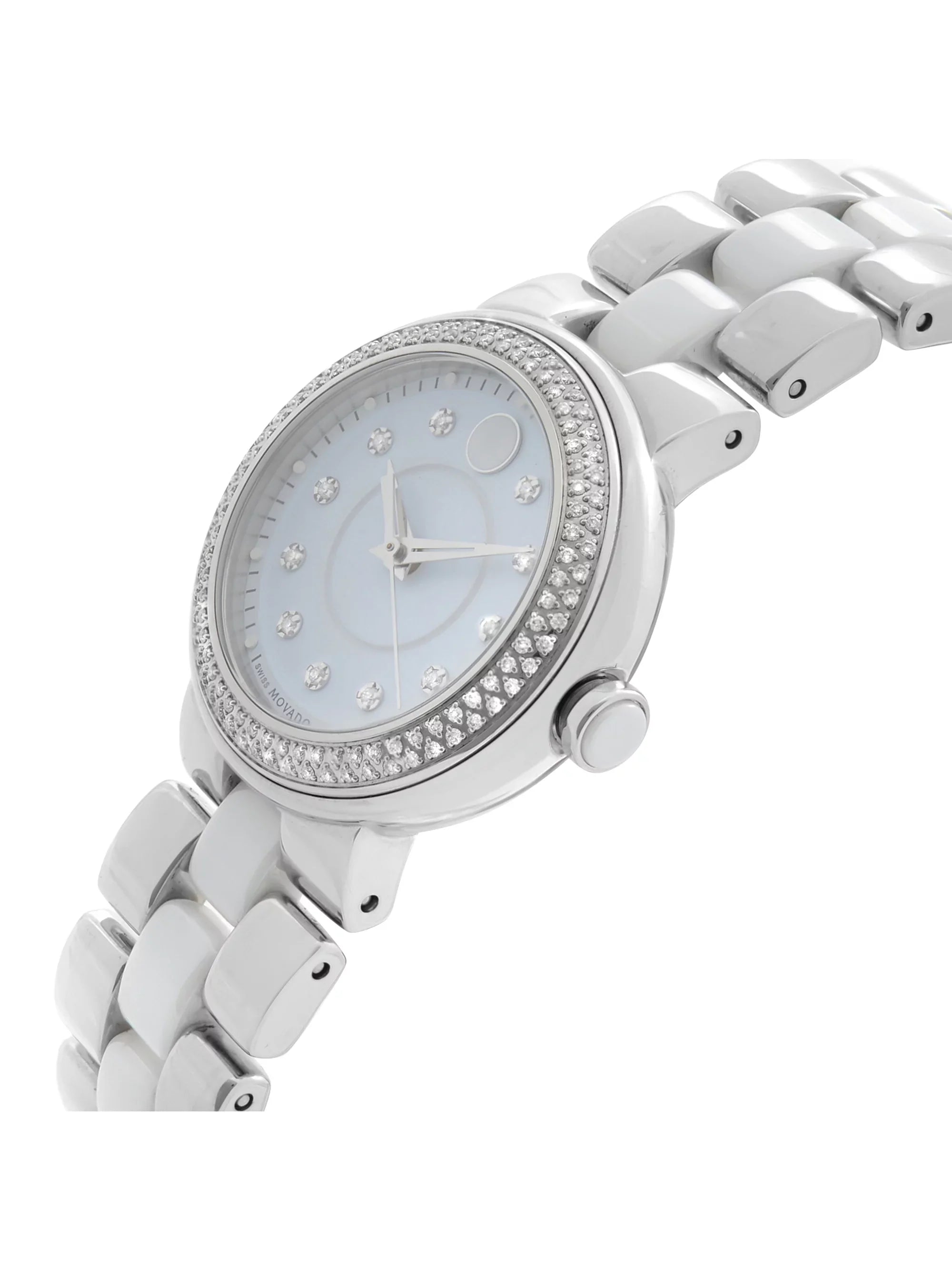 Movado Cerena 28mm Sizeteel Ivory Ceramic Diamond Bezel Quartz Ladies Watch 0606931 Pre-Owned