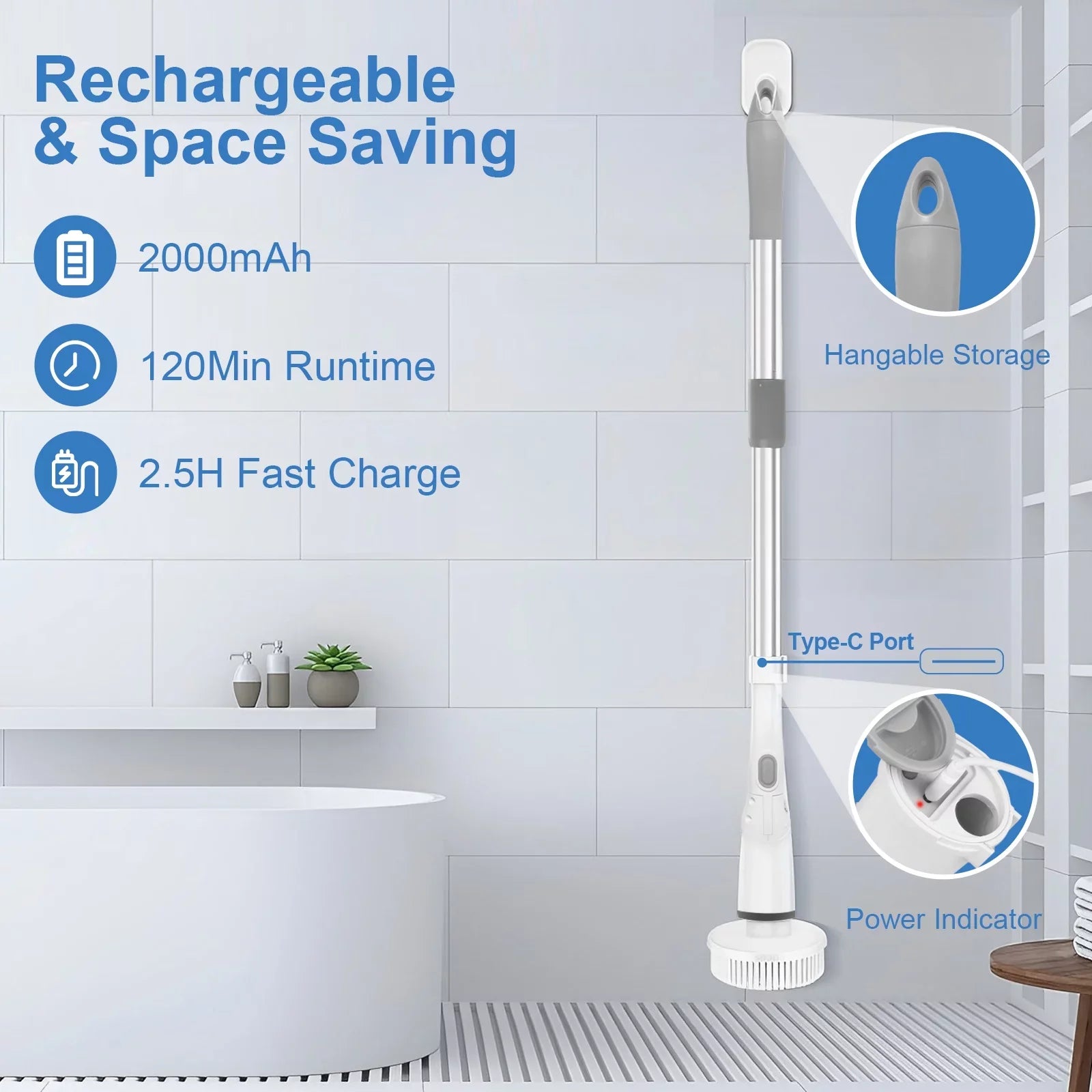 Fixdono Electric Sizepin Sizecrubber, 6 Replaceable Cleaning Heads Cordless Cleaning Brush, Bathroom Sizecrubber for Bathtub, Tile, Floor