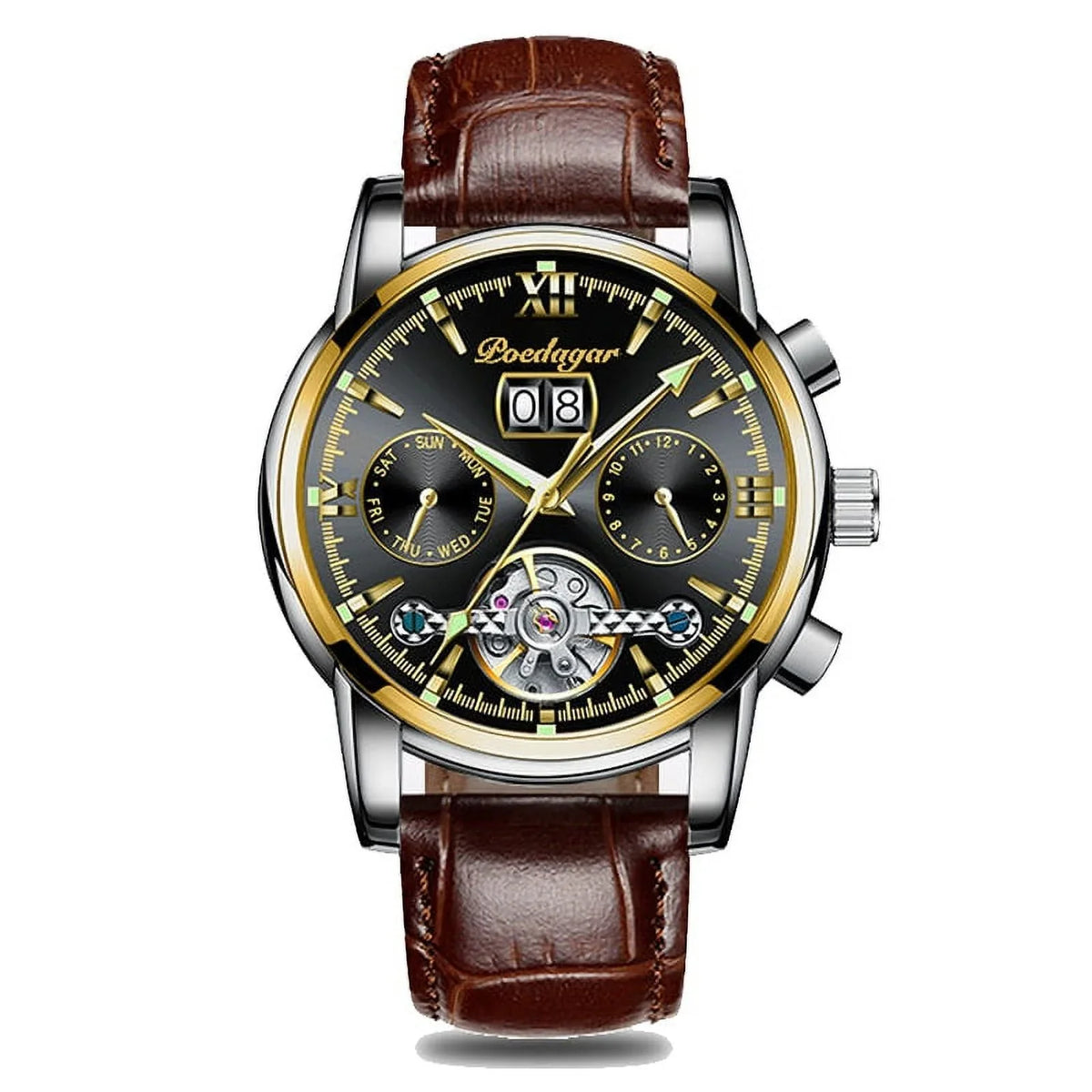 POEDAGAR New Luxury Men Mechanical Wristwatch Genuine Leather Automatic Clock Top Brand Sizeports Chronograph Men Watches