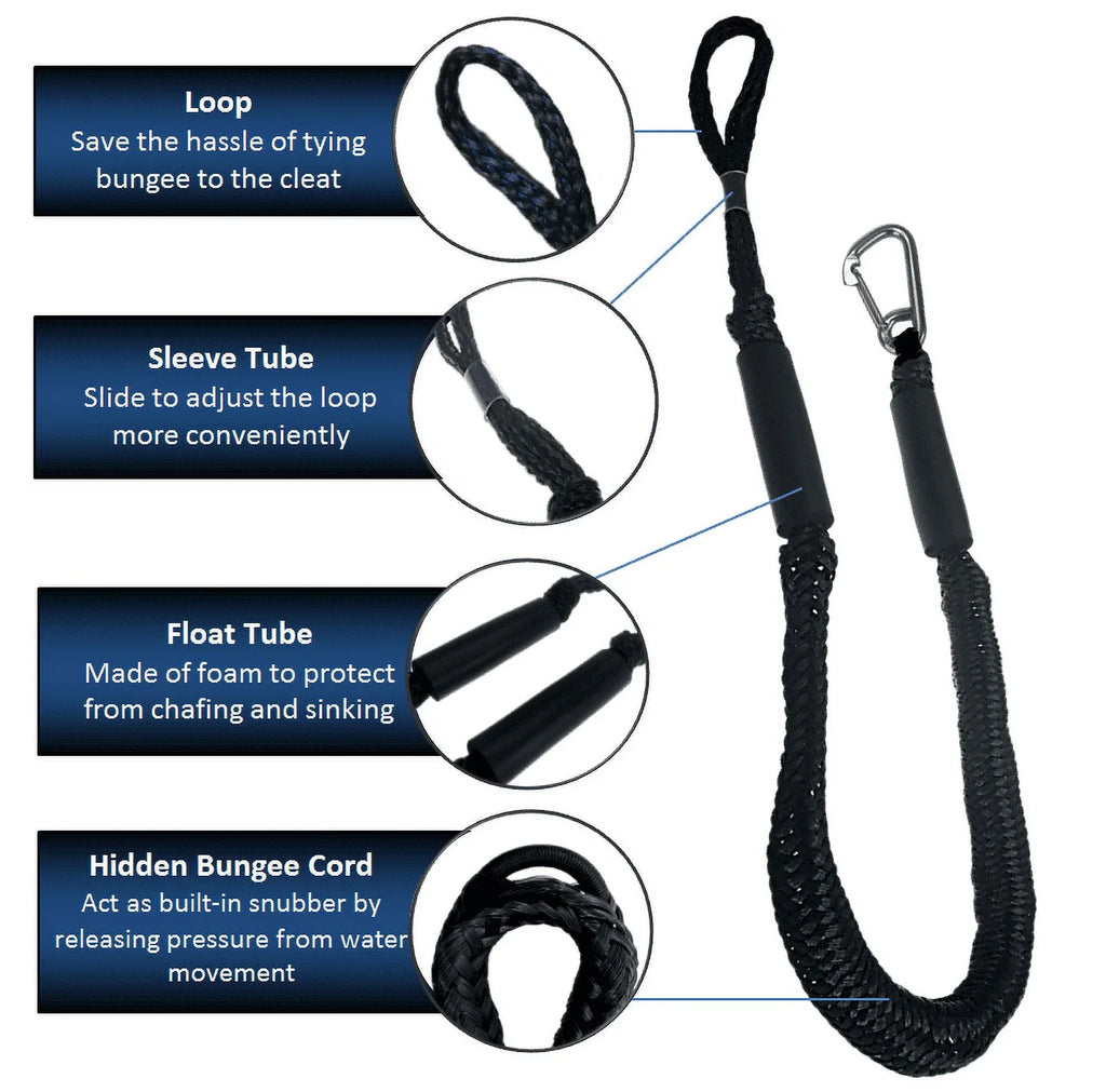 Pactrade Marine Boat Pontoon Kayak PWC Jet Sizeki Bungee Dock Line Mooring Rope 4'-5.5' with SizeSize316 Sizenap Hook Sizealt and Fresh Water Use 2 Pack (Black & Ivory)