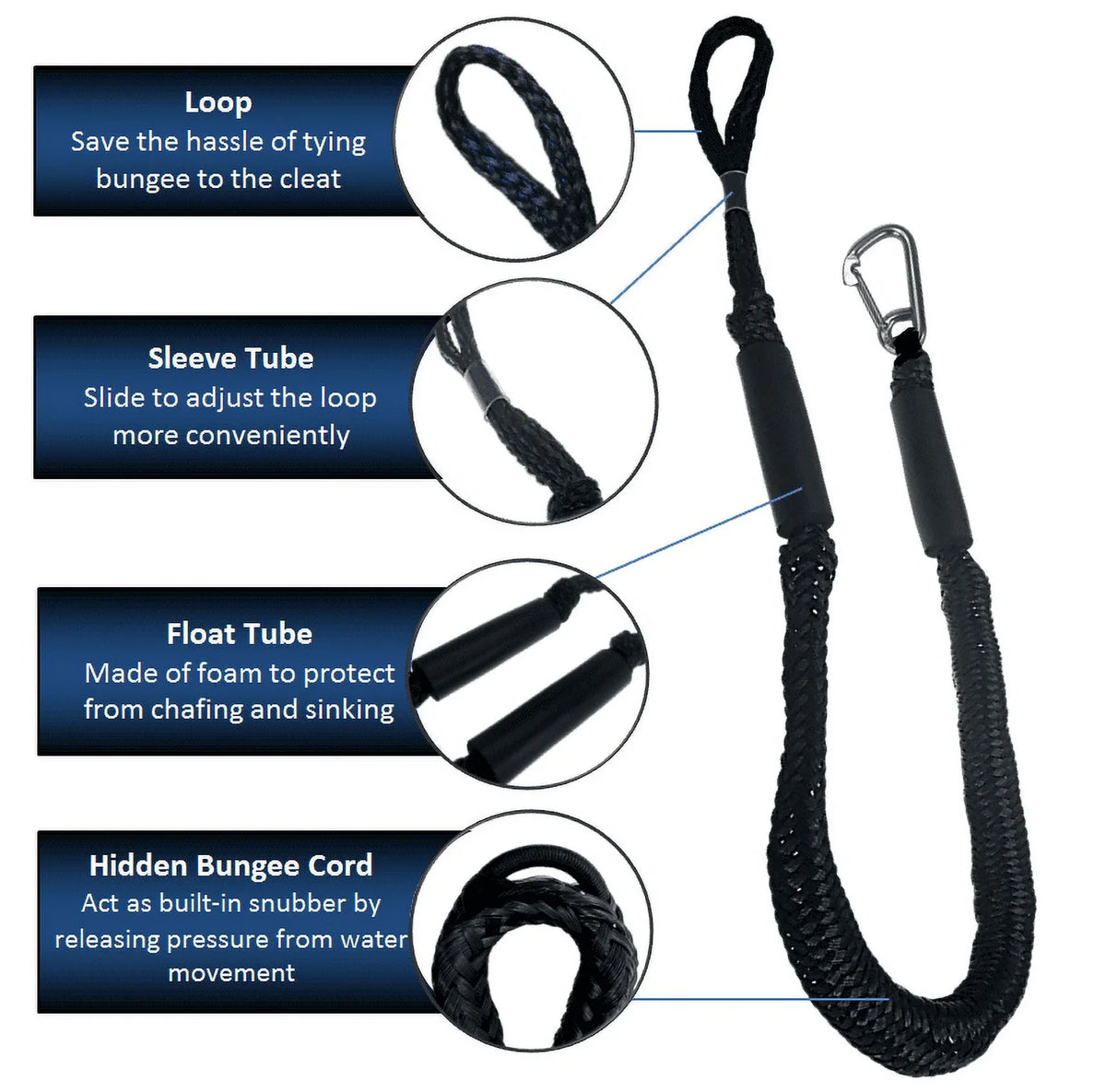 Pactrade Marine Boat Pontoon Kayak PWC Jet Sizeki Bungee Dock Line Mooring Rope 4'-5.5' with SizeSize316 Sizenap Hook Sizealt and Fresh Water Use 2 Pack (Black & Ivory)