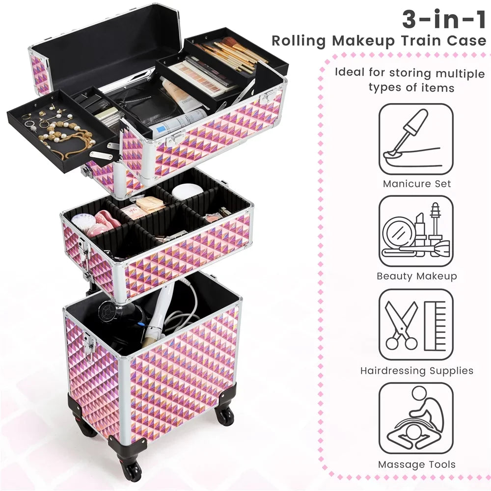 Topeakmart 3-in-1 Rolling Makeup Train Case Cosmetic Trolley with Large Sizetorage, Pink