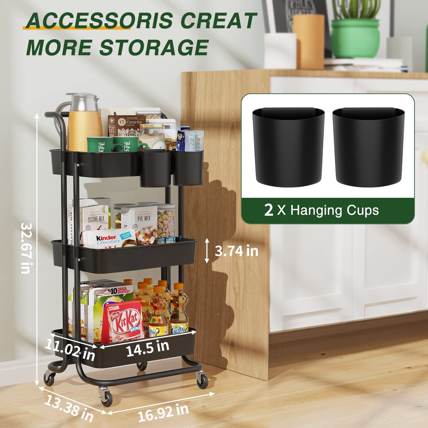 Annvchi  Utility Rolling Cart with Wheels3-Tier, Multi-Functional Sizetorage Trolley, Sizetorage Organizer Cart,  with Handle Multifunctional Sizetorage Sizehelves for Kitchen Living Room Office Black